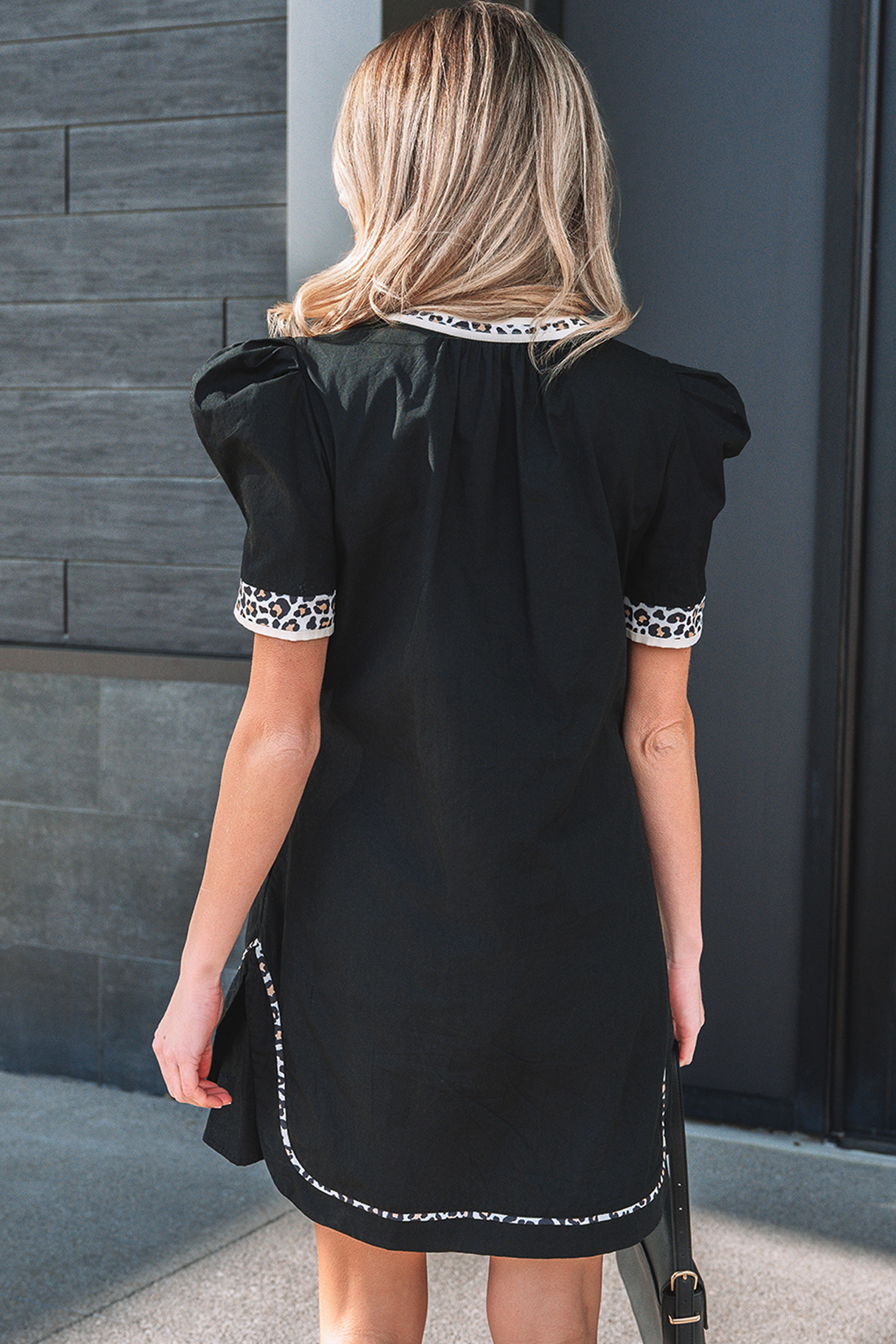 Black Leopard Trim Notched Neck Short Puff Sleeve Shift Mini Dress - Image 2