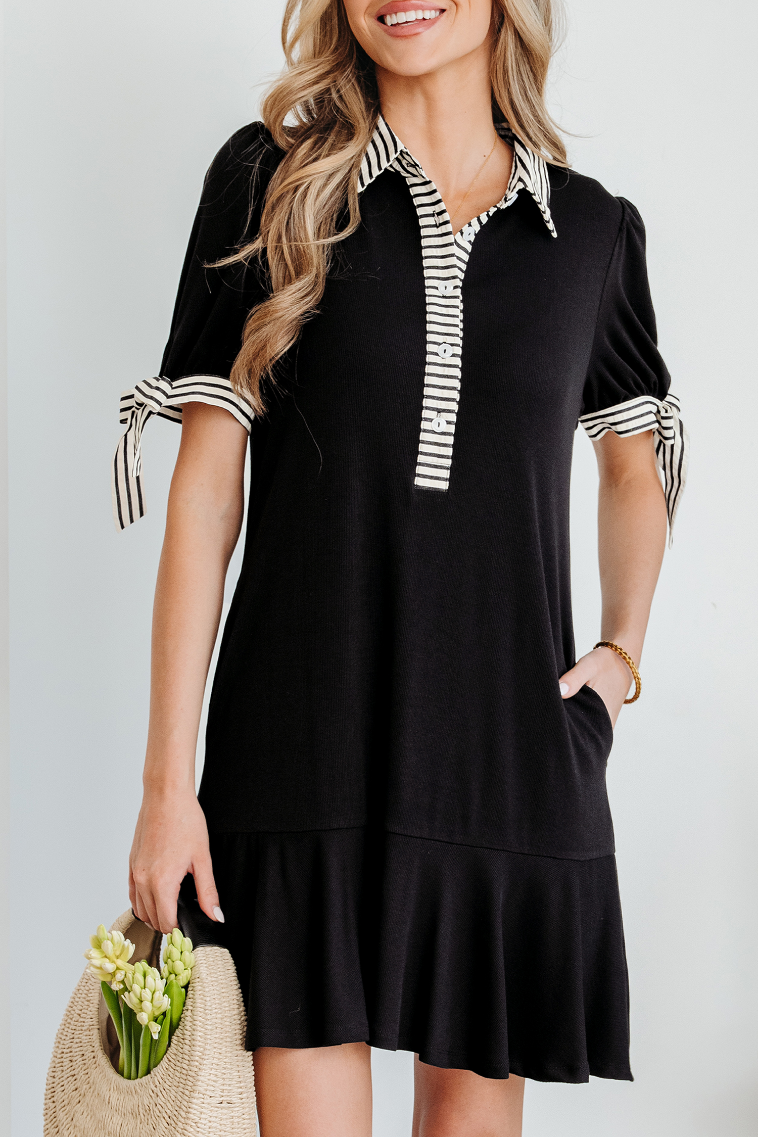 Black Stripe Detail Polo Collar Half Buttons Tied Short Sleeve Shift Mini Dress - Image 6