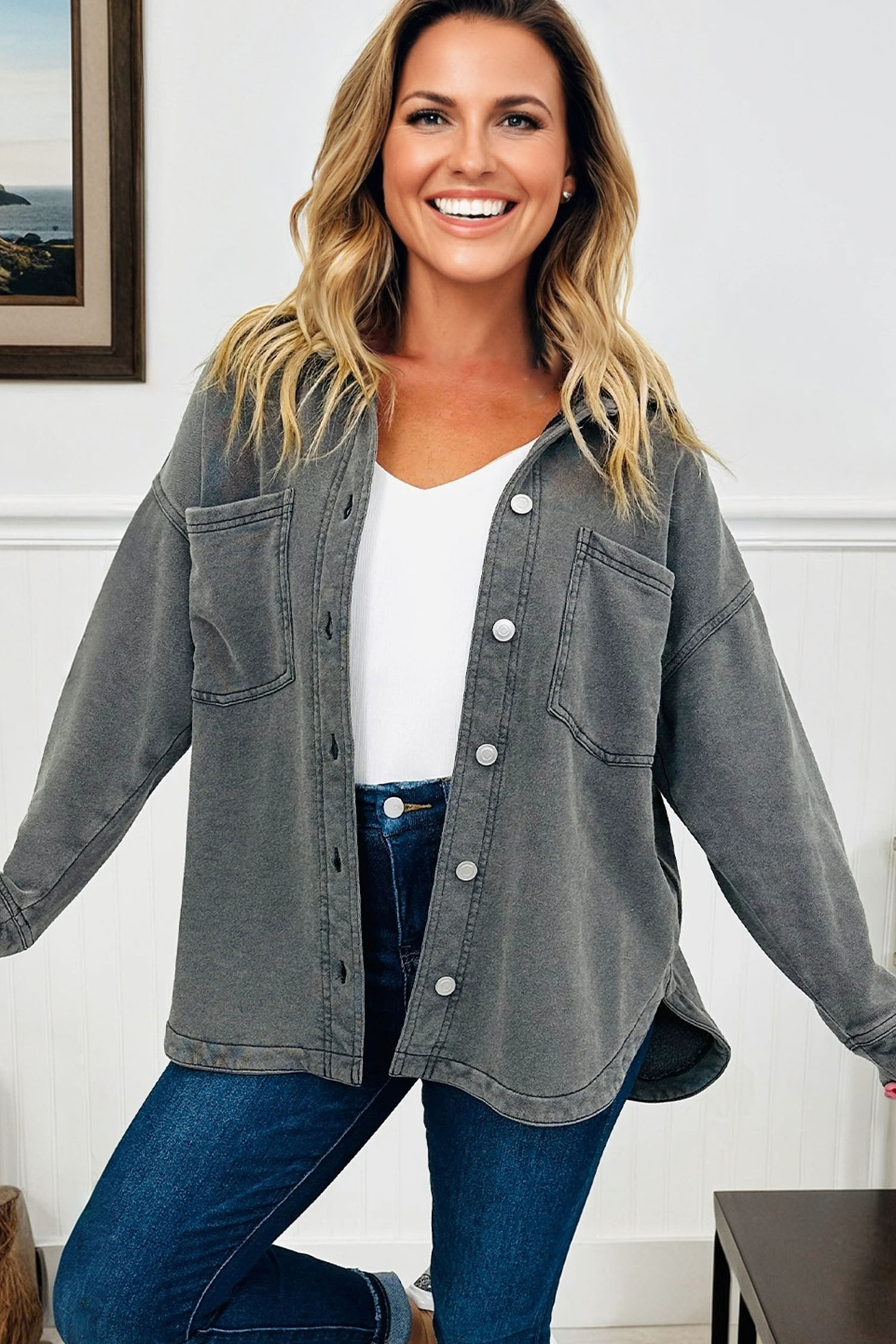 Medium Grey Mineral Wash Chest Pockets Drop Shoulder Shacket with Side Slit - Image 4