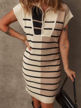 Khaki Stripe Color Block Quarter Zip Collar Short Sleeve Sweater Dress