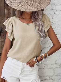 Beige Solid Color Ruffled Short Sleeve Casual Blouse