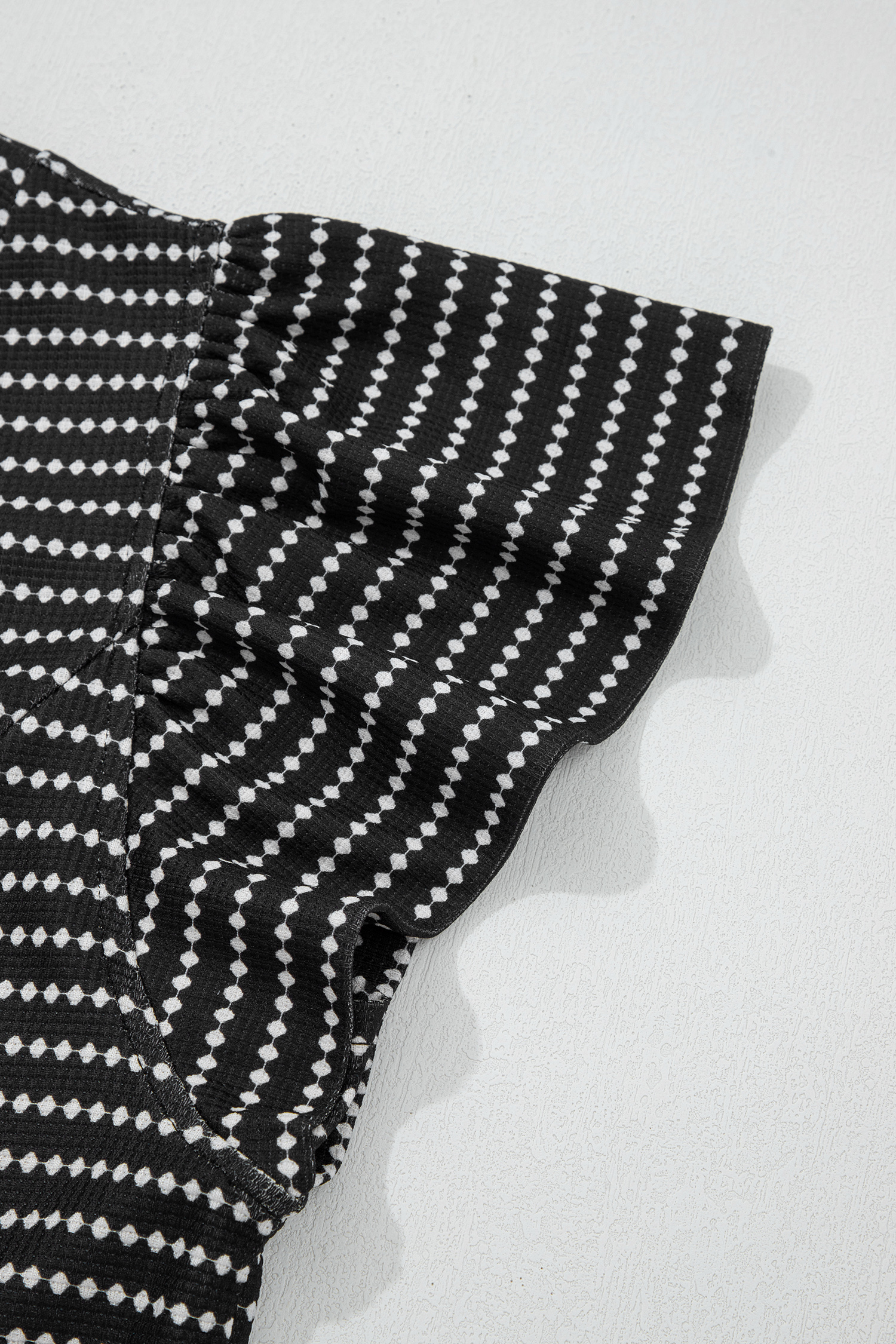 Black Stripe Textured Knit V Neck Flutter Sleeve Shift Mini Dress - Image 7