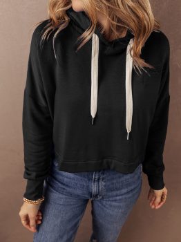 Black Solid Drop Shoulder Drawstring Cropped Hoodie