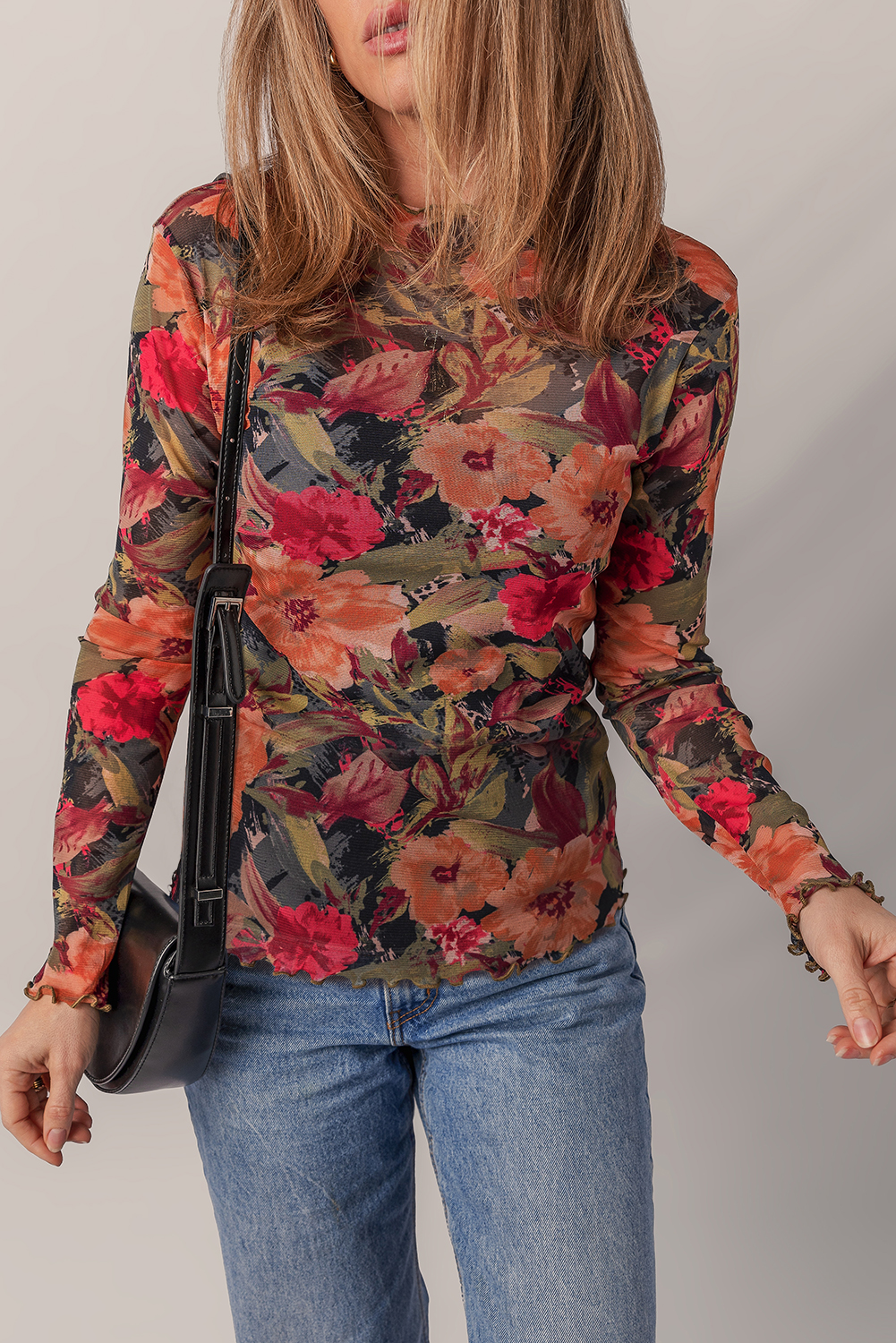 Multicolour Floral Print Lettuce Trim Long Sleeve Mesh Top - Image 4