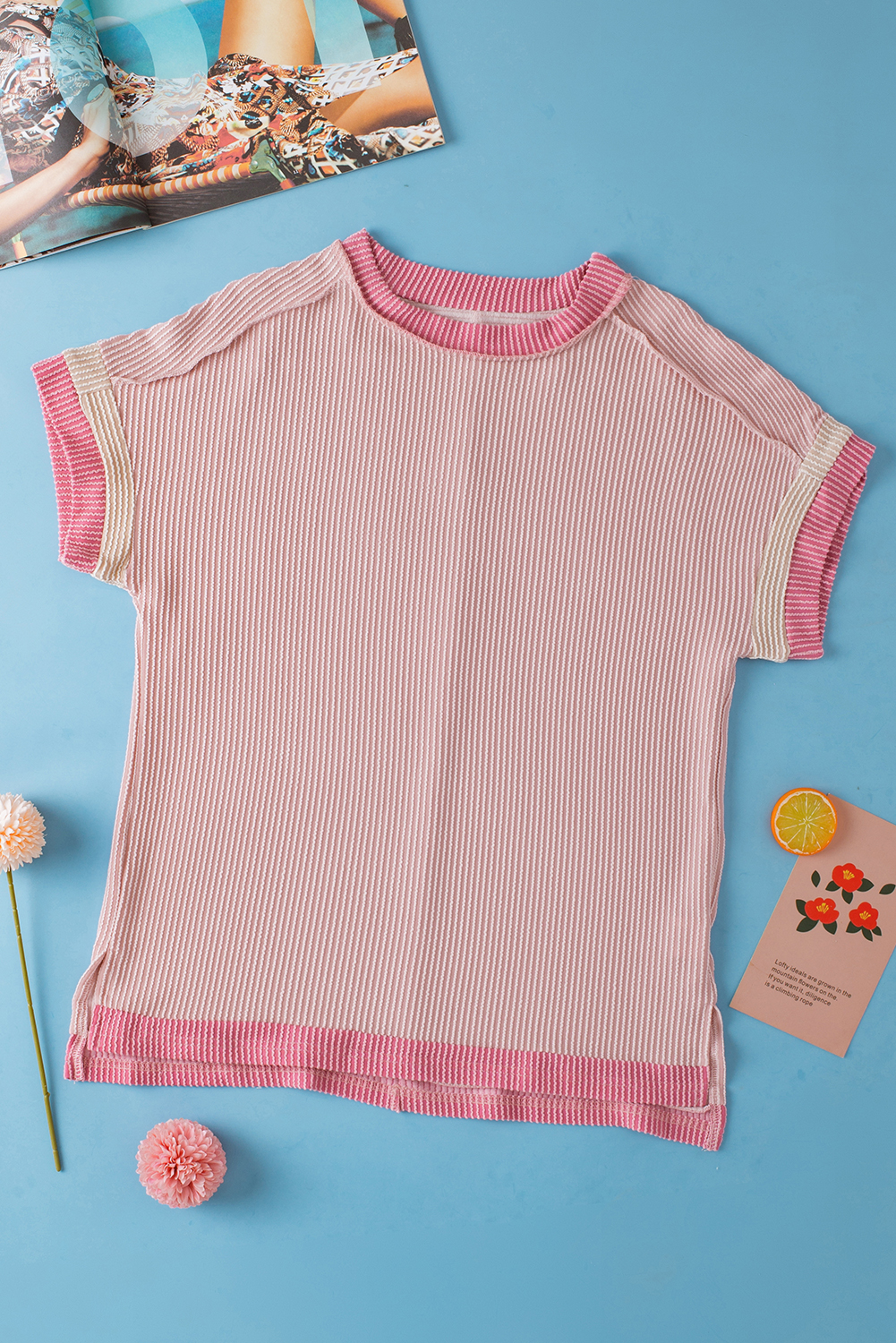 Light Pink Textured Contrast Trim Round Neck T Shirt - Image 6