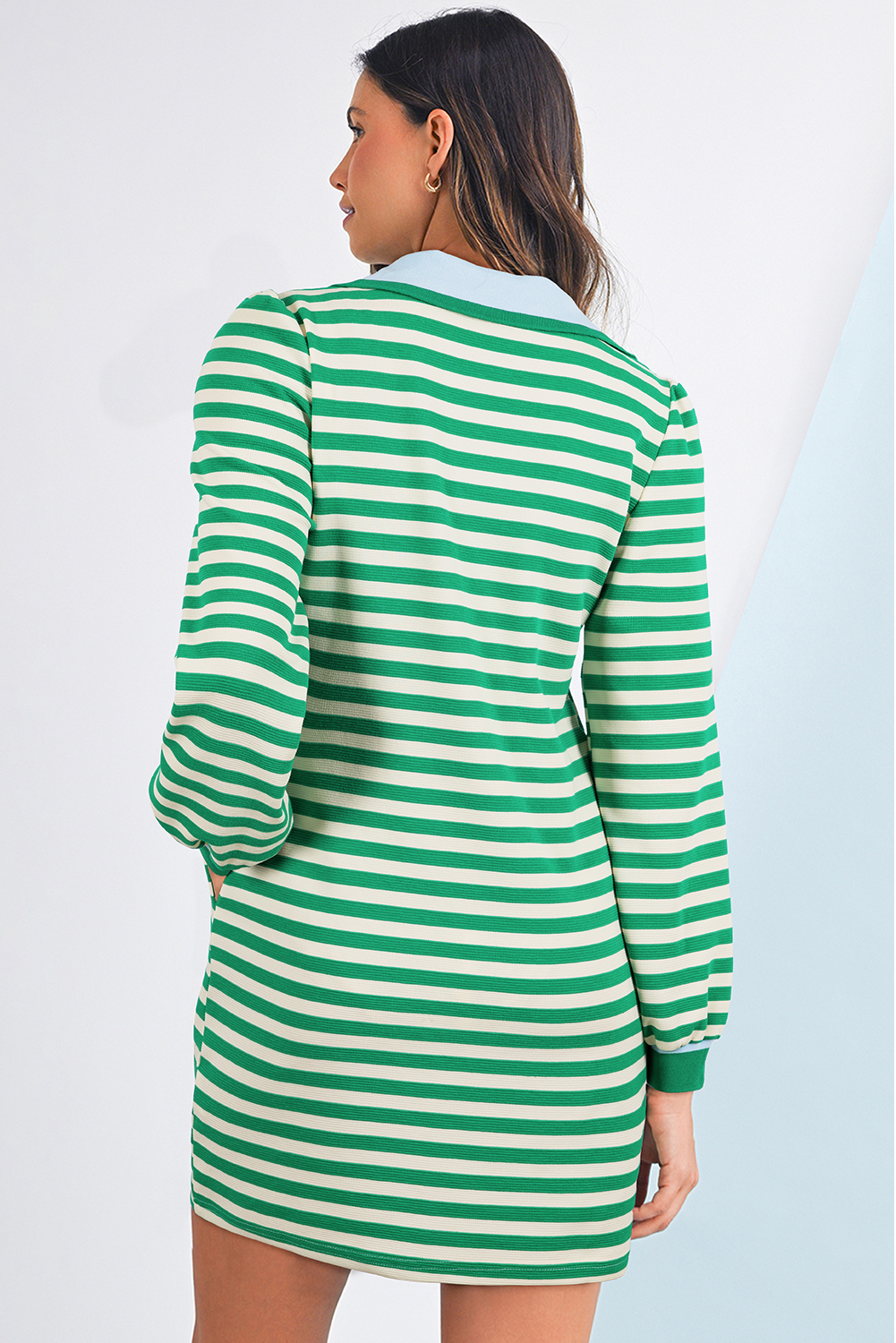 Green Striped Contrast Collar Split Neck Long Sleeve Mini Dress - Image 2