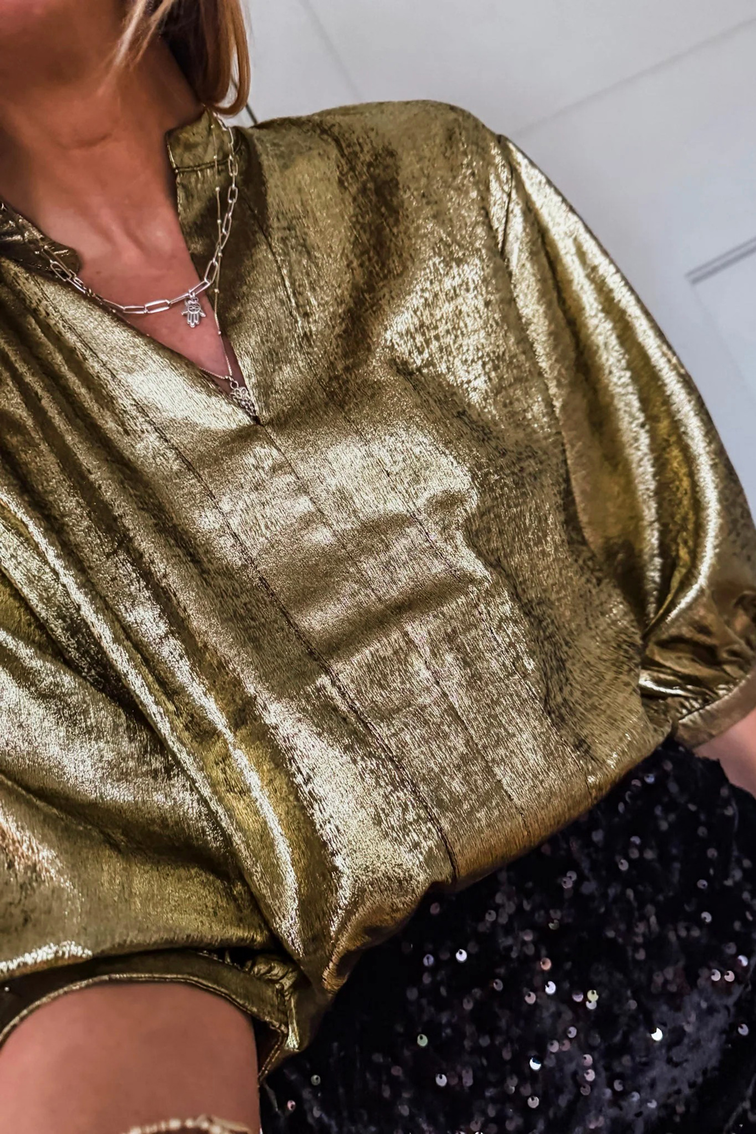 Gold Metallic Split Neck Half Sleeve Blouse - Image 6
