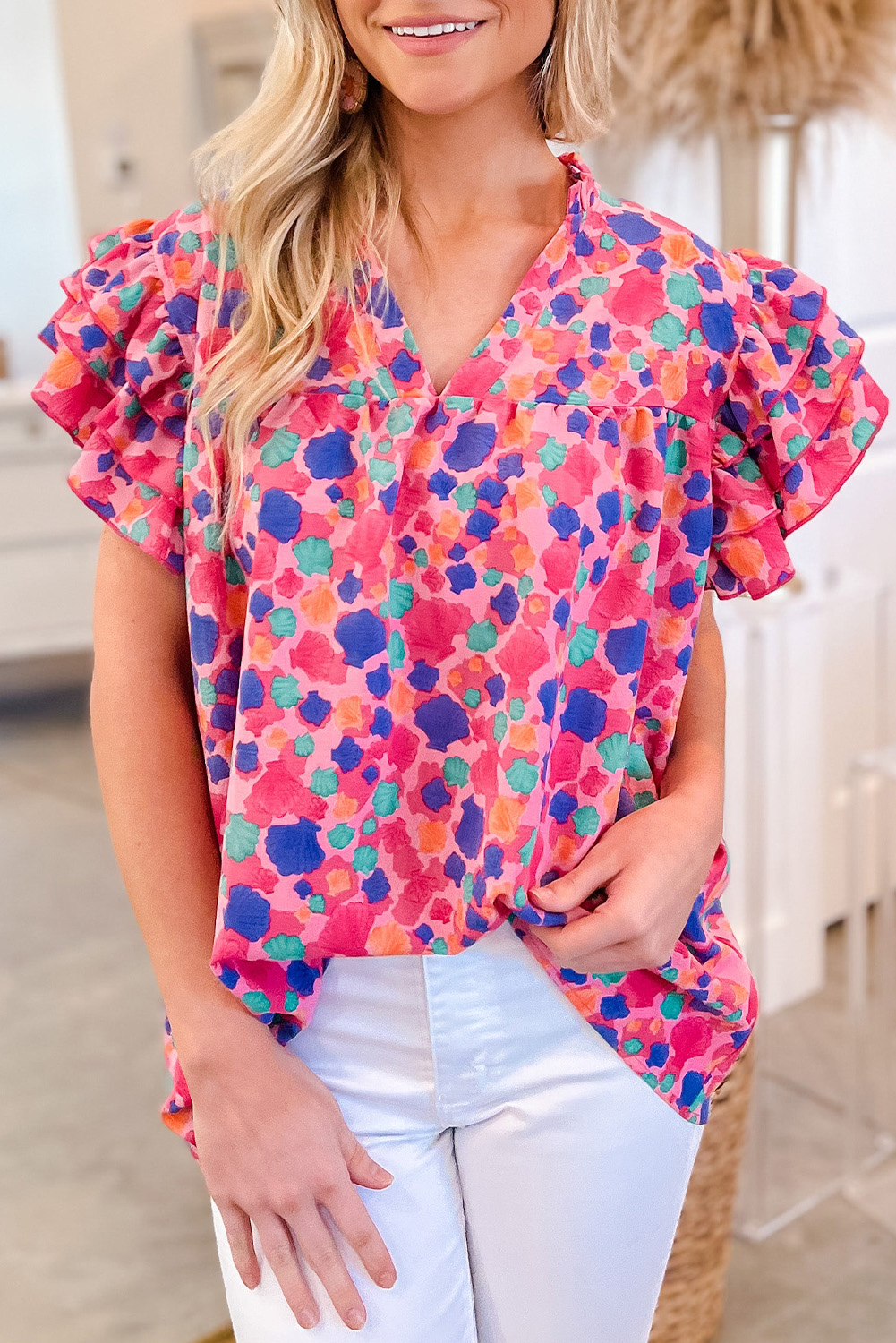 Rose Red Abstract Print Ruffled Sleeve V Neck Blouse - Image 7