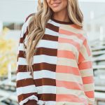 Brown Stripe Color Block Drop Shoulder Pullover Sweatshirt