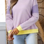Purple Stripe Contrast Trim Colorblock Patchwork Drop Shoulder Knit Top