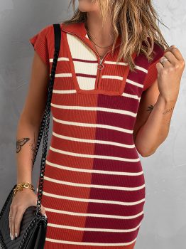 Brown Stripe Color Block Quarter Zip Collar Short Sleeve Sweater Dress