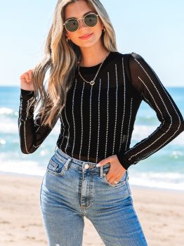 Black Rhinestone Decor Striped Mesh Long Sleeve Bodysuit
