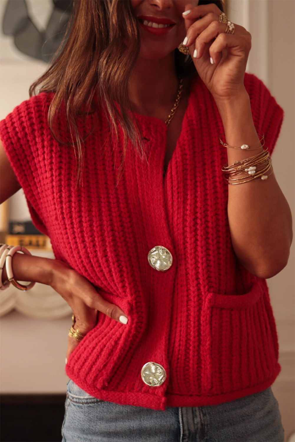 Fiery Red Solid Textured Knit Side Pockets Buttoned Sweater Vest - Image 3
