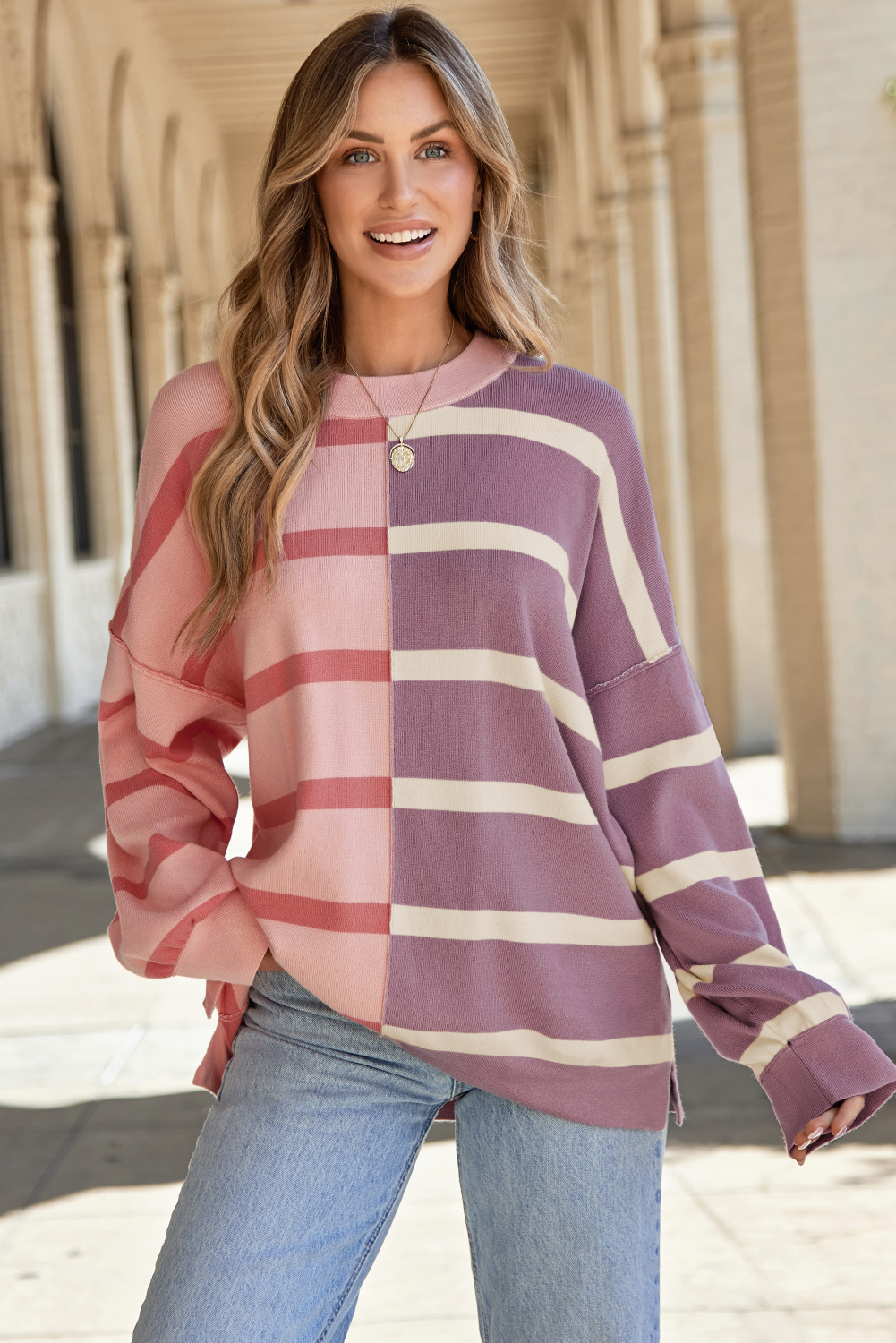 Pink Stripe Colorblock Oversized Sweater - Image 7