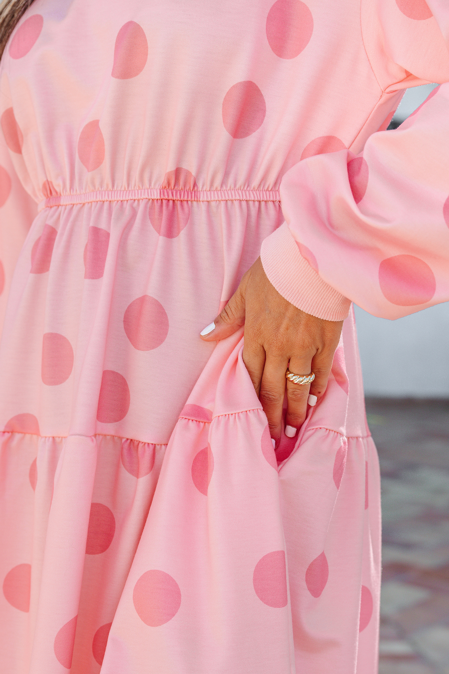 Pink Polka Dot Printed Long Sleeve Flared Mini Dress - Image 8