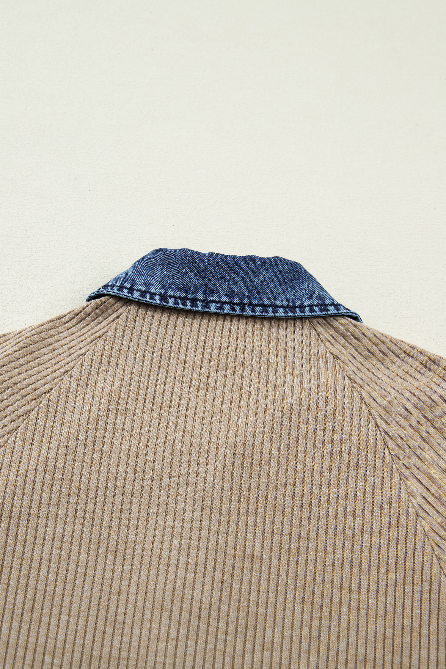 Beige Ribbed Knit Denim Patchwork Button Polo Collar Cuffed Long Sleeve Top - Image 5