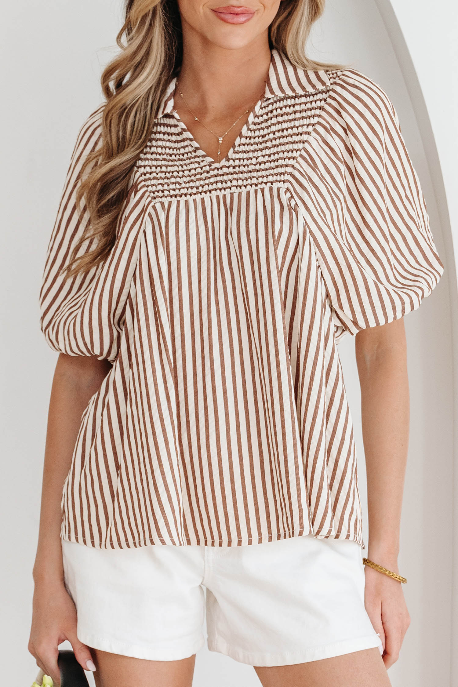 Brown Stripe Shirred V Neck Short Puff Sleeve Blouse - Image 7