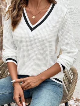 White Textured Knit Preppy Striped Trim V Neck Pullover Waffle Top