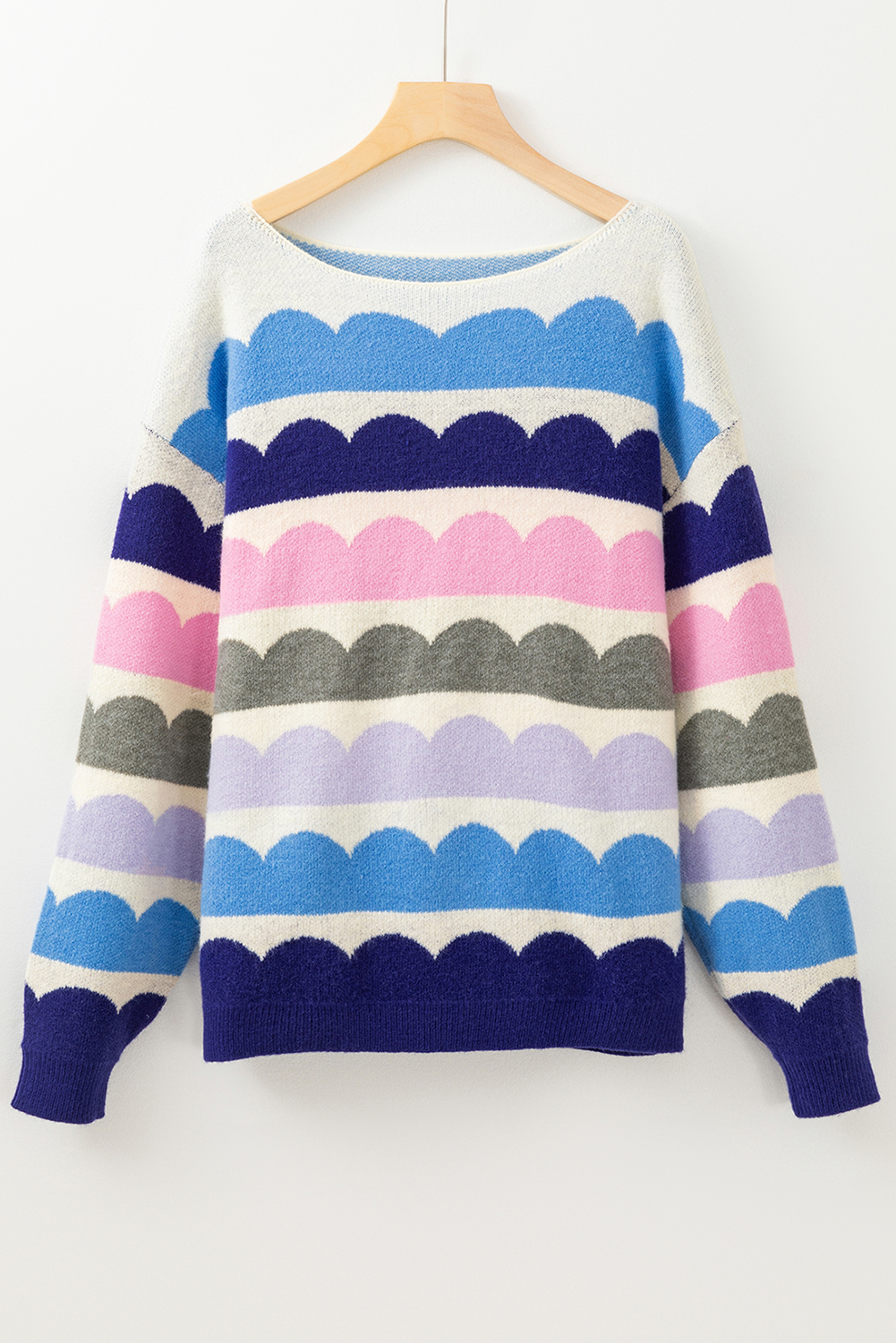 Dark Blue Wave Striped Balloon Sleeve Drop Shoulder Sweater - Image 4