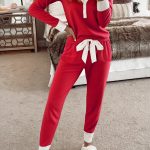 Fiery Red Contrast Trim Button V Neck Ribbon Bow Knot Waist 2pcs Lounge Pant Set