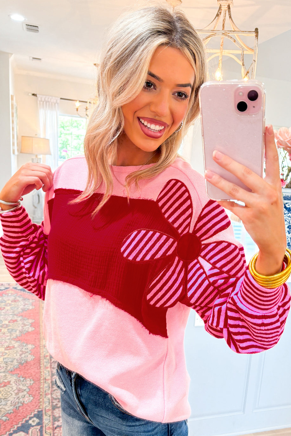 Pink Floral Patch Color Block Striped Sleeve Textured Top - Image 2