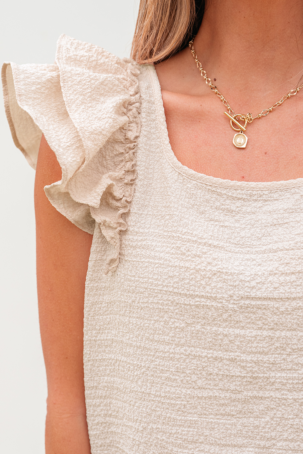 Beige Textured Bow Knot Frilled Butterfly Sleeve Blouse - Image 6