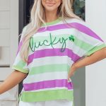 Green Stripe Lucky Clover Embroidered Graphic Dolman Loose Tee