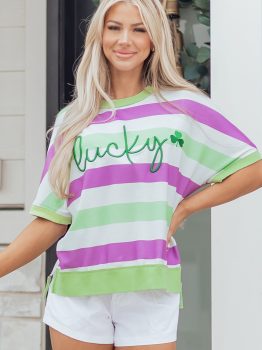 Green Stripe Lucky Clover Embroidered Graphic Dolman Loose Tee