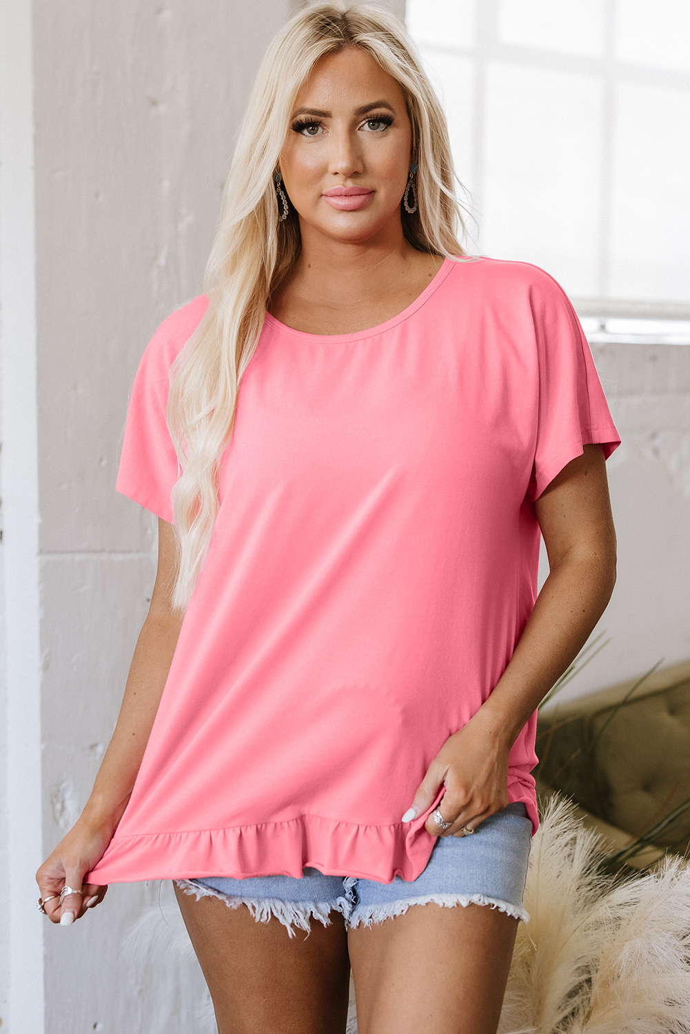 Pink Frilled Hem Loose T-Shirt - Image 7