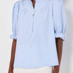 Sky Blue Stripe Ruffled Collar Puff Sleeve Half Buttons Blouse