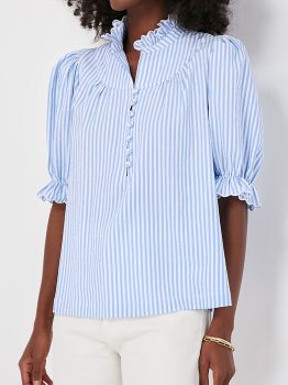 Sky Blue Stripe Ruffled Collar Puff Sleeve Half Buttons Blouse