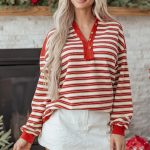 Red Stripe Buttoned V Neck Collared Drop Shoulder Top