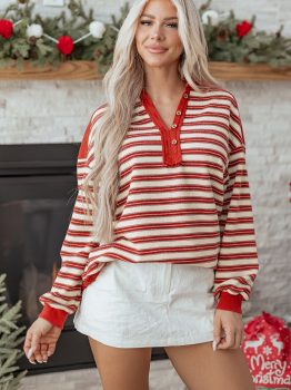 Red Stripe Buttoned V Neck Collared Drop Shoulder Top