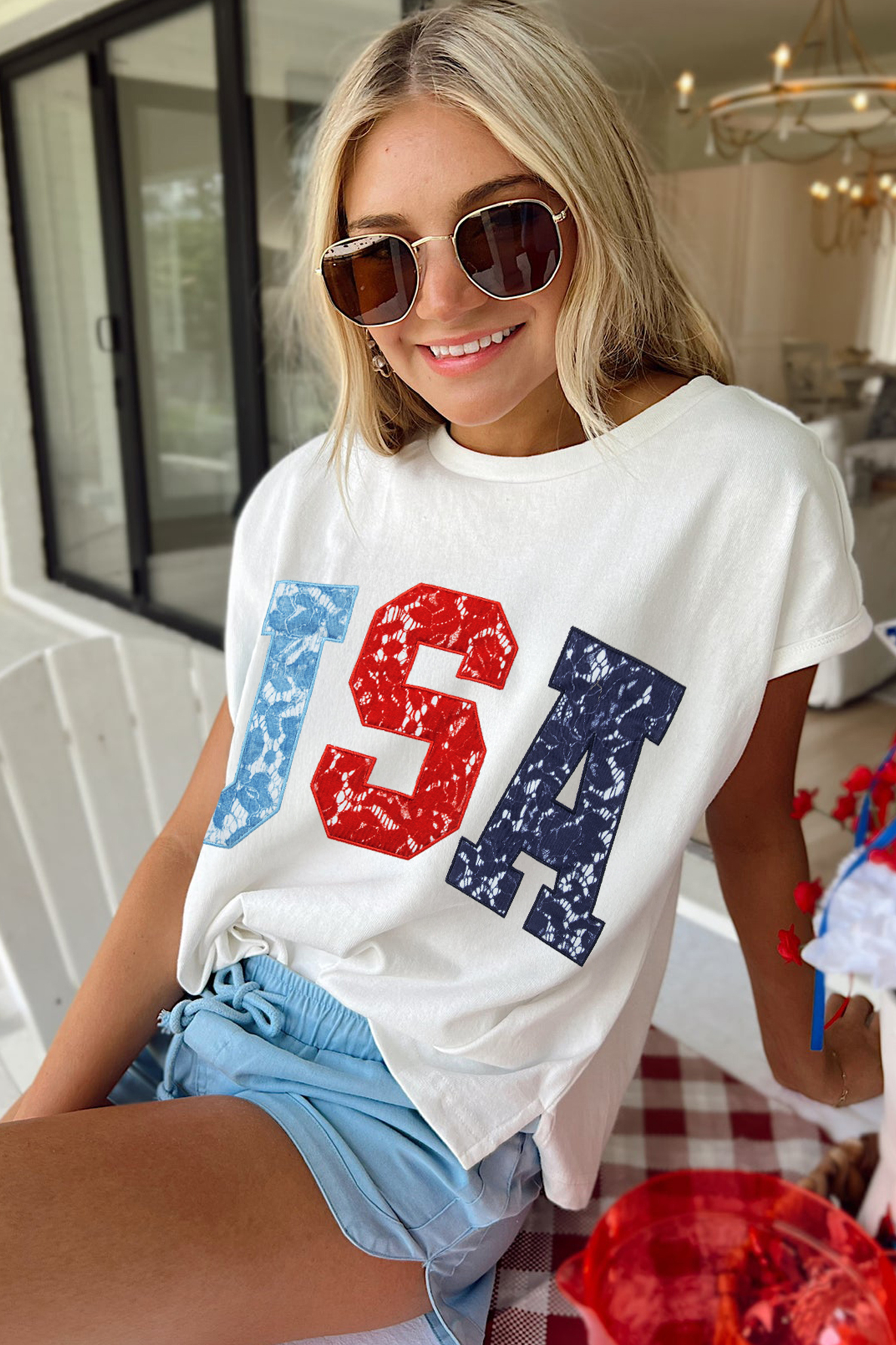 White USA Color Block Letter Printed Dolman Tee - Image 2