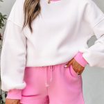 Strawberry Pink Color Block Pullover and Lace-up Elastic Waist Shorts Set