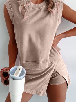 Smoke Gray 2 Pieces Mineral Wash Cotton Tank Top Lined Split Skirt Set