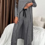 Dark Grey 3pcs V Neck T Shirt Ribbon Knot Pants Open Duster 3pcs Lounge Set
