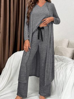 Dark Grey 3pcs V Neck T Shirt Ribbon Knot Pants Open Duster 3pcs Lounge Set