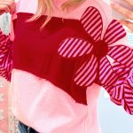 Pink Floral Patch Color Block Striped Sleeve Textured Top