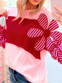 Pink Floral Patch Color Block Striped Sleeve Textured Top