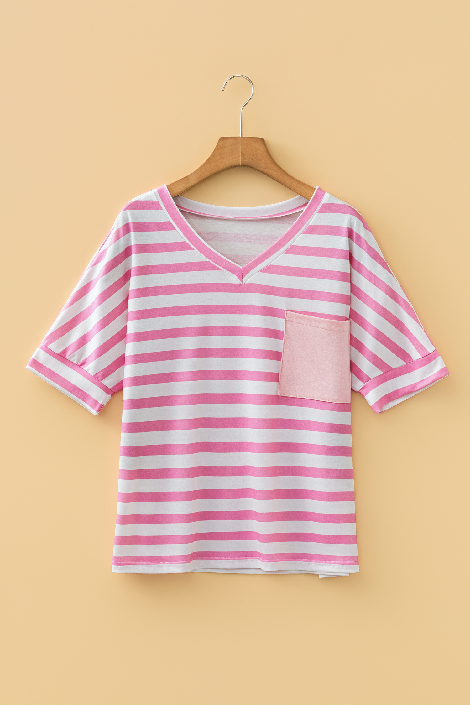 Pink Stripe V Neck Patched Pocket Casual T Shirt - Image 3