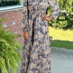 Sky Blue Floral Print Smocked High Waist Long Sleeve Maxi Dress