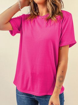 Rose Red Casual Plain Crew Neck Tee