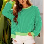 Bright Green Twisted Rib Uneven Hem Drop Shoulder Loose Knit Top