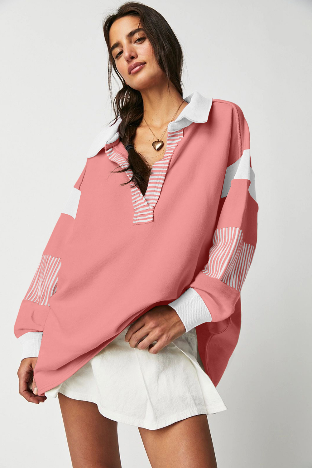 Casual Striped Colorblock Patchwork Collar Sweatshirt - Image 2