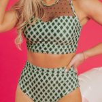 Green Dotted Mesh Plaid Patchwork High Waisted Bikini