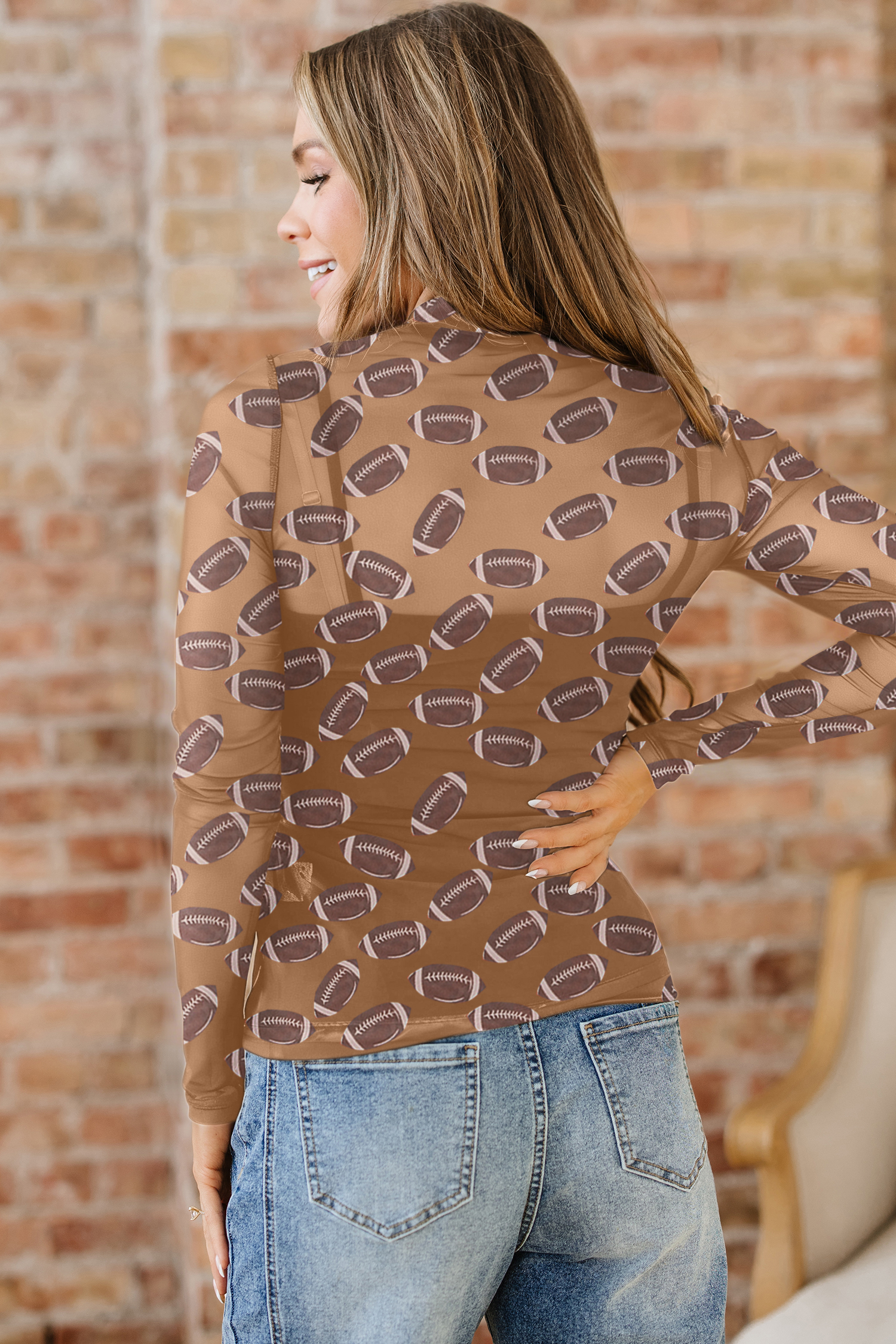 Brown Game Day Rugby Mesh Sheer Long Sleeve Top - Image 2
