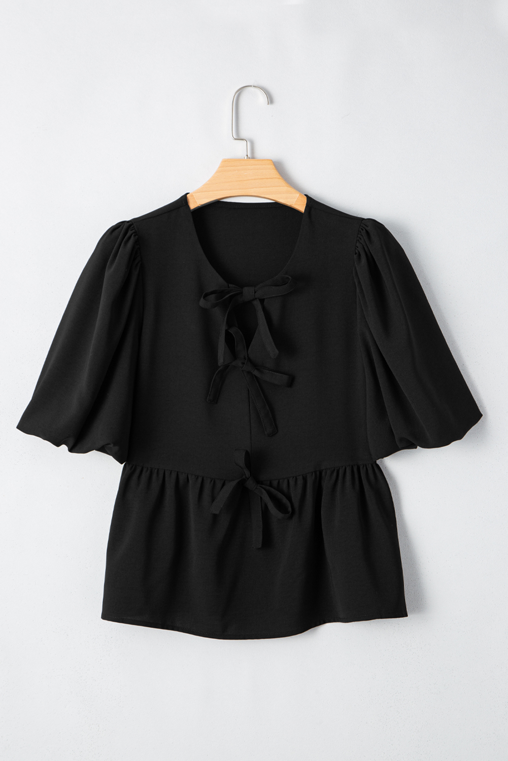 Black Puff Sleeve Bowknot Front Peplum Blouse - Image 7