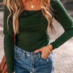 Blackish Green Solid Color Square Neck Long Sleeve Slim Fit Bodysuit