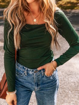 Blackish Green Solid Color Square Neck Long Sleeve Slim Fit Bodysuit